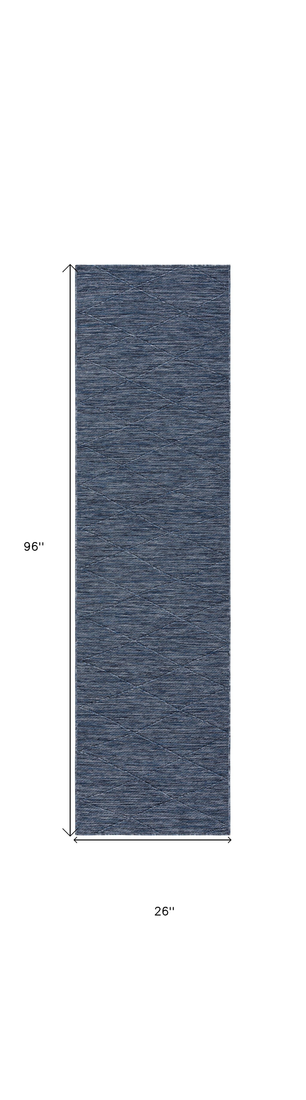 8' Navy Blue And Ivory Geometric Indoor Outdoor Runner Rug