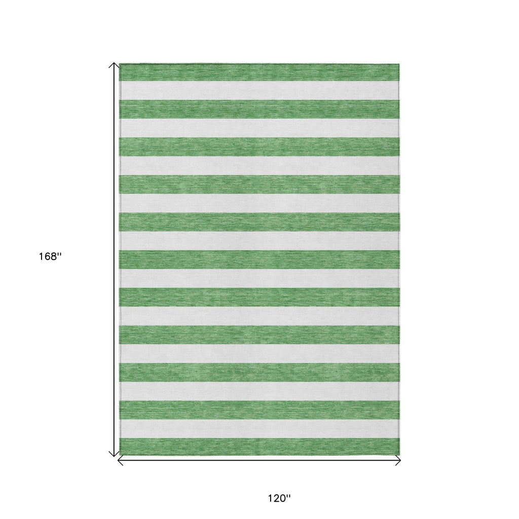 10' X 14' Green and White Striped Washable Indoor Outdoor Area Rug