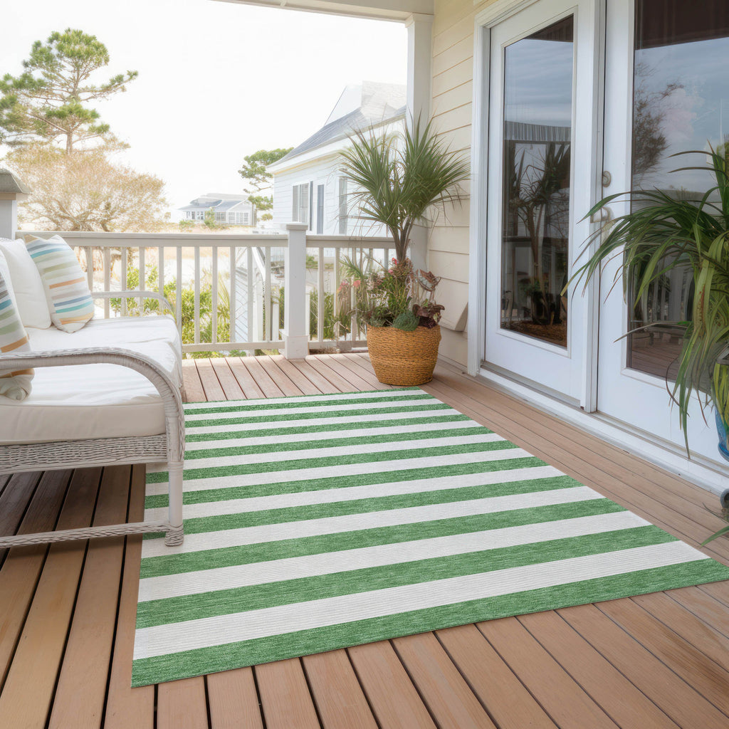 10' X 14' Green and White Striped Washable Indoor Outdoor Area Rug