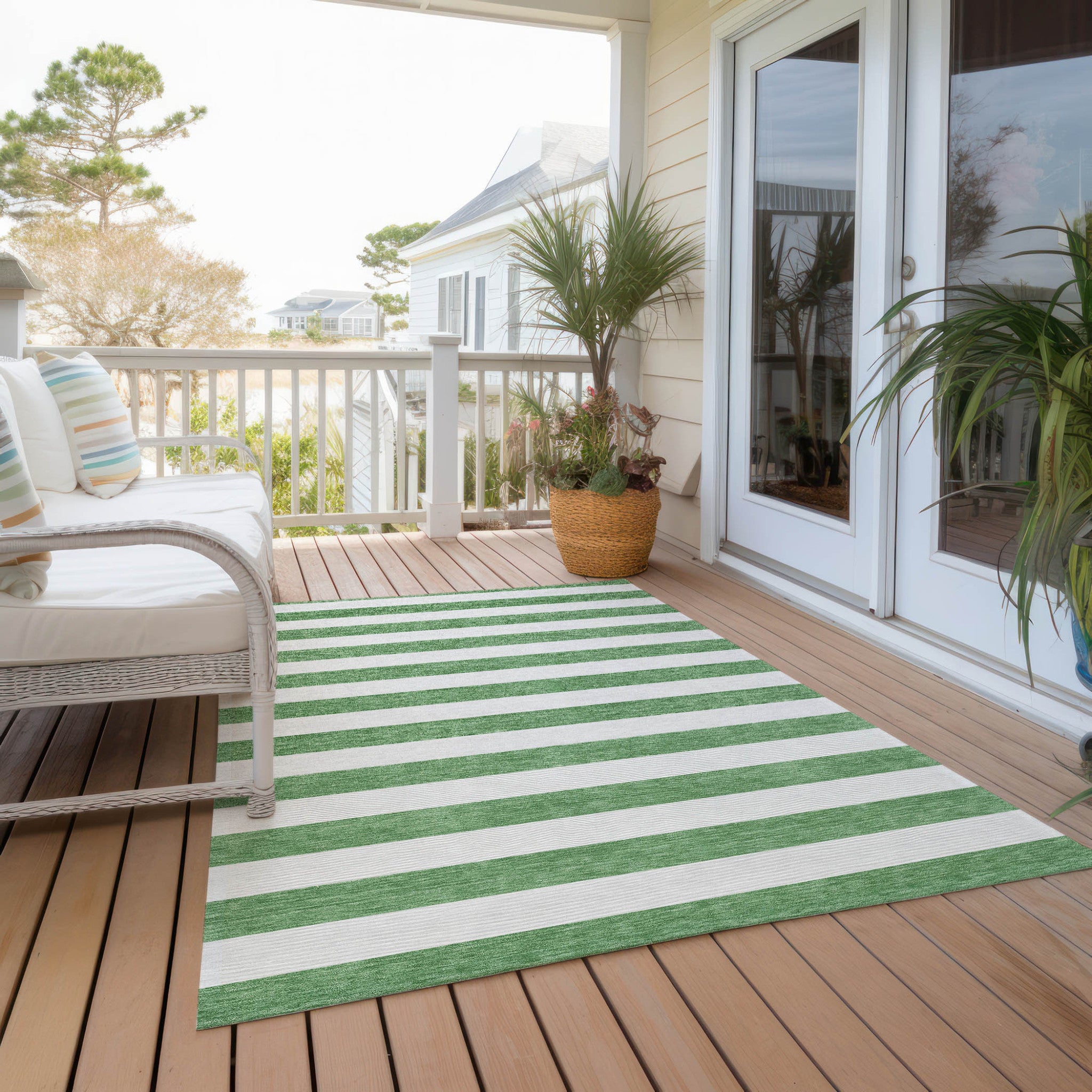 10' X 14' Green and White Striped Washable Indoor Outdoor Area Rug