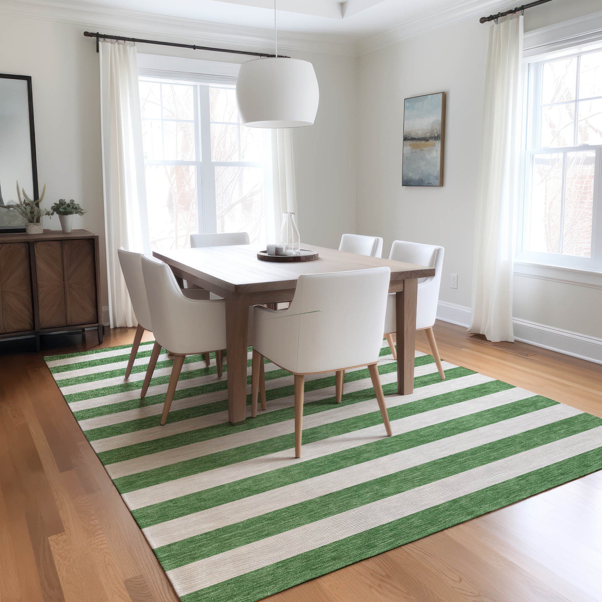 10' X 14' Green and White Striped Washable Indoor Outdoor Area Rug