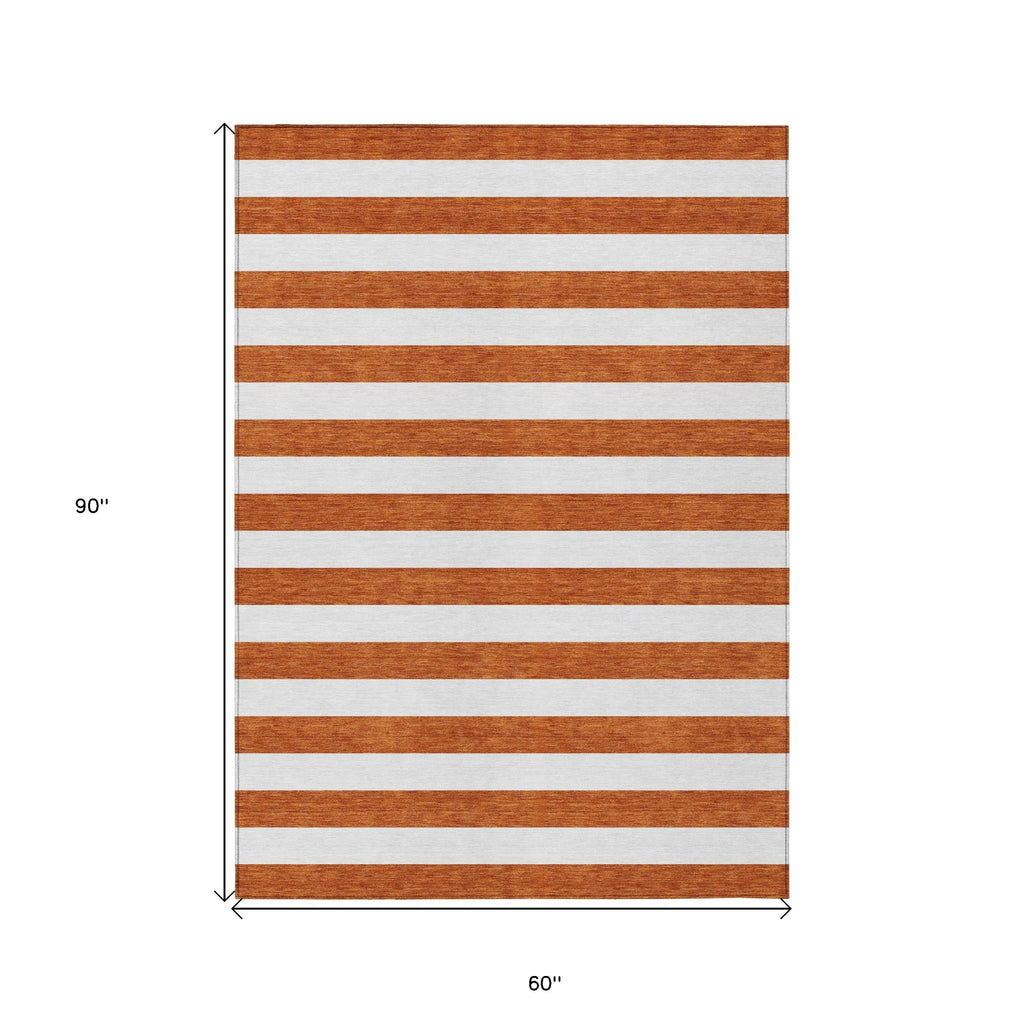 5' X 8' Orange Striped Washable Non Skid Indoor Outdoor Area Rug