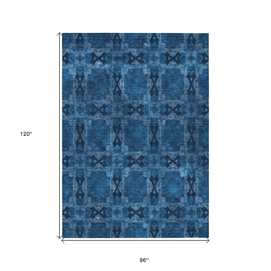 8' X 10' Navy and Gray Floral Medallion Washable Non Skid Indoor Outdoor Area Rug
