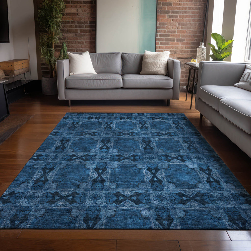 8' X 10' Navy and Gray Floral Medallion Washable Non Skid Indoor Outdoor Area Rug