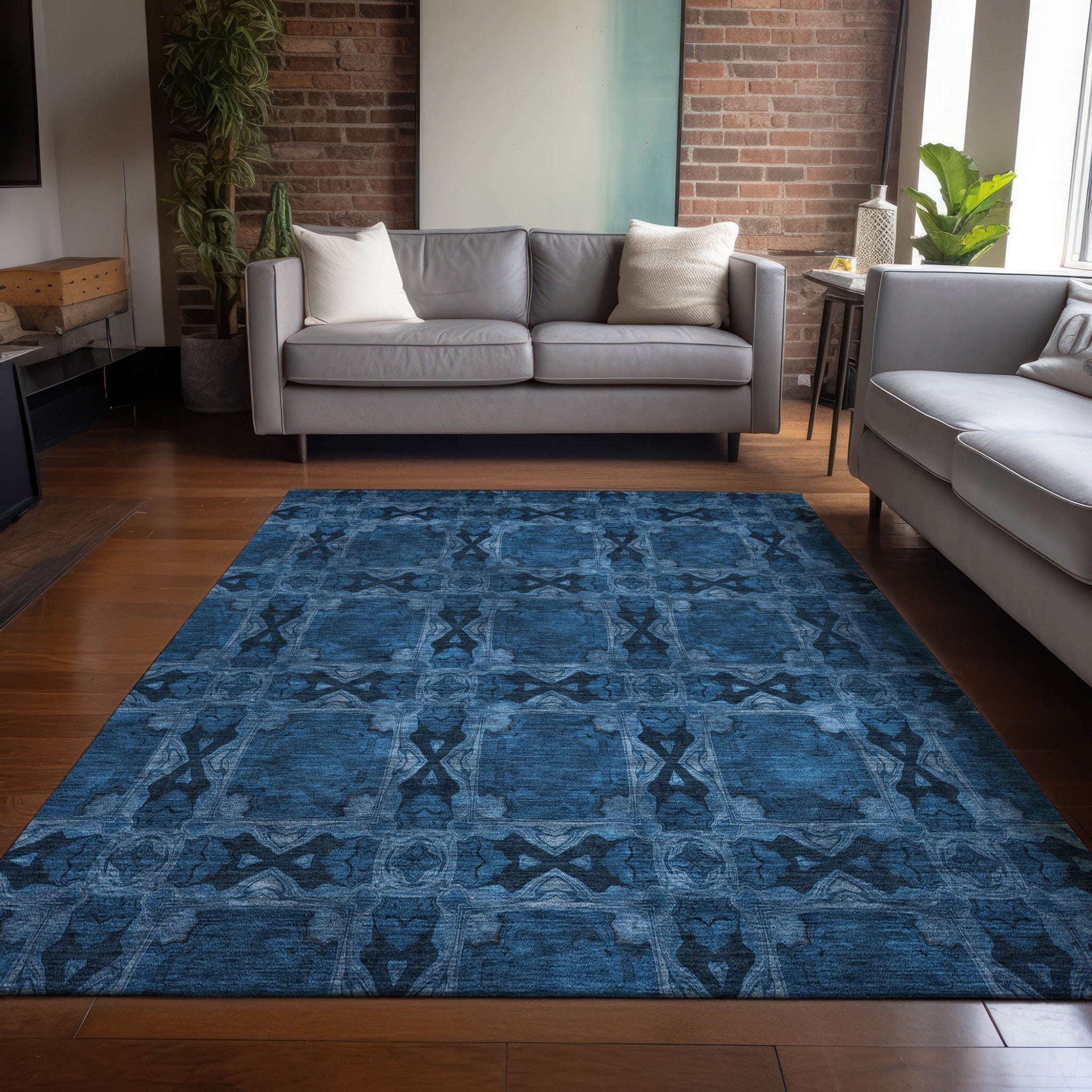 8' X 10' Navy and Gray Floral Medallion Washable Non Skid Indoor Outdoor Area Rug