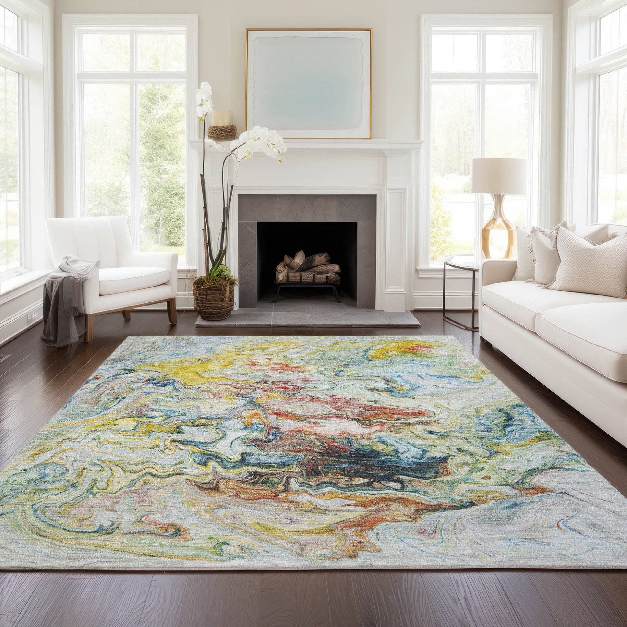 3' X 5' Ivory Blue And Yellow Abstract Washable Indoor Outdoor Area Rug