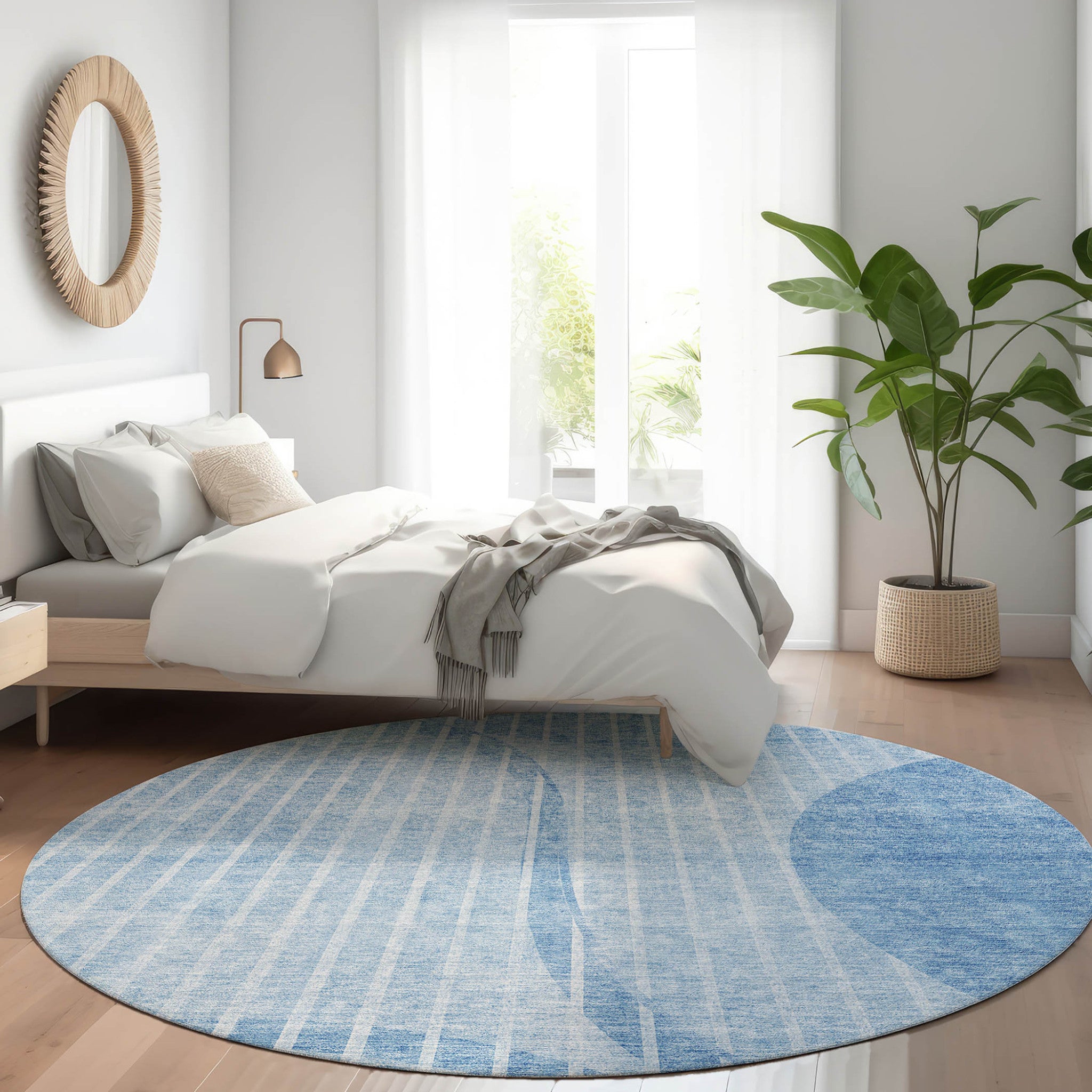 8' Denim Blue And Sky Blue Round Striped Washable Indoor Outdoor Area Rug