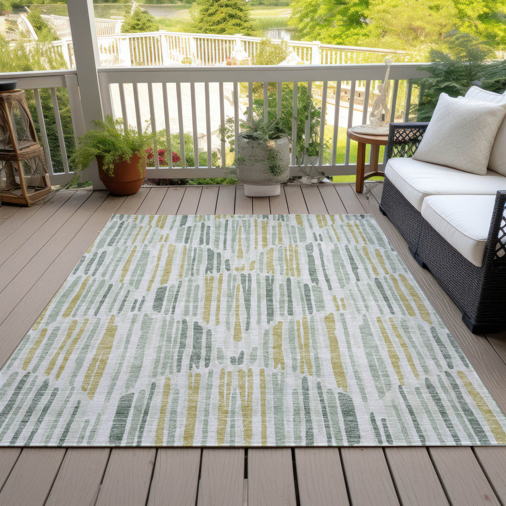 5' X 8' Sage Artichoke Green And Gold Abstract Washable Indoor Outdoor Area Rug