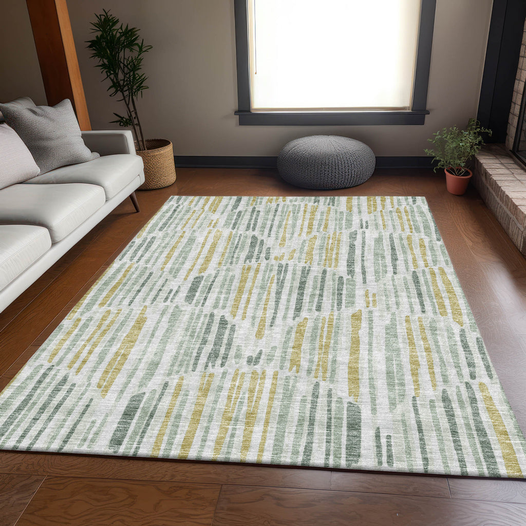 5' X 8' Sage Artichoke Green And Gold Abstract Washable Indoor Outdoor Area Rug