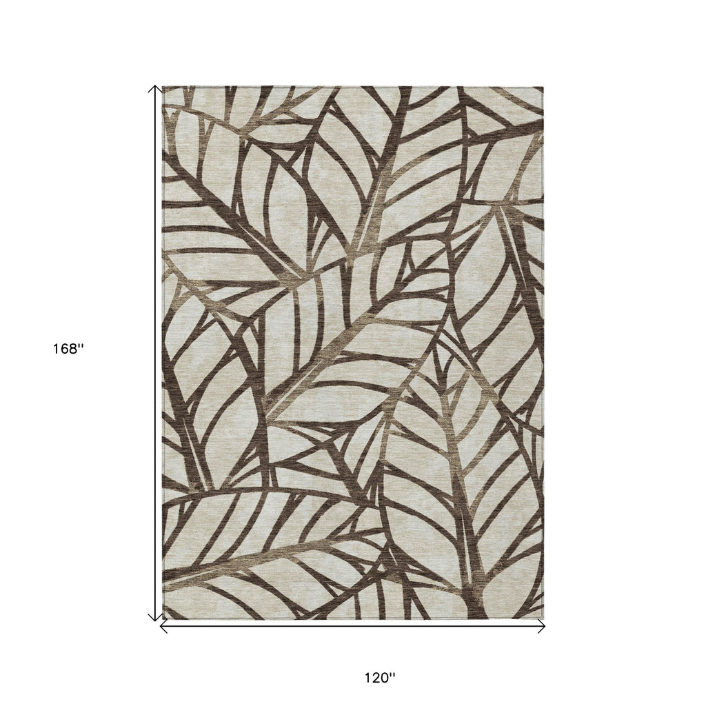 10' X 14' Chocolate And Beige Floral Washable Indoor Outdoor Area Rug