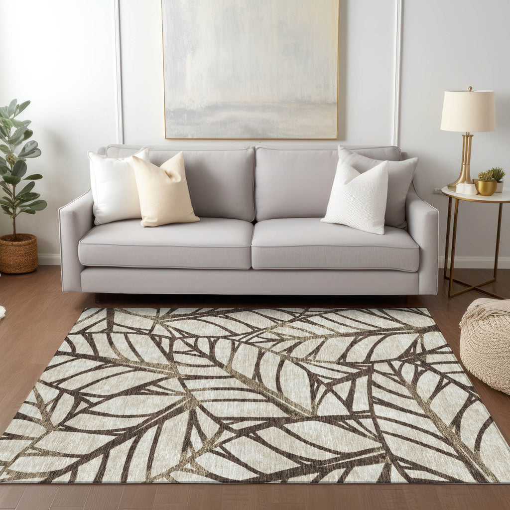 10' X 14' Chocolate And Beige Floral Washable Indoor Outdoor Area Rug