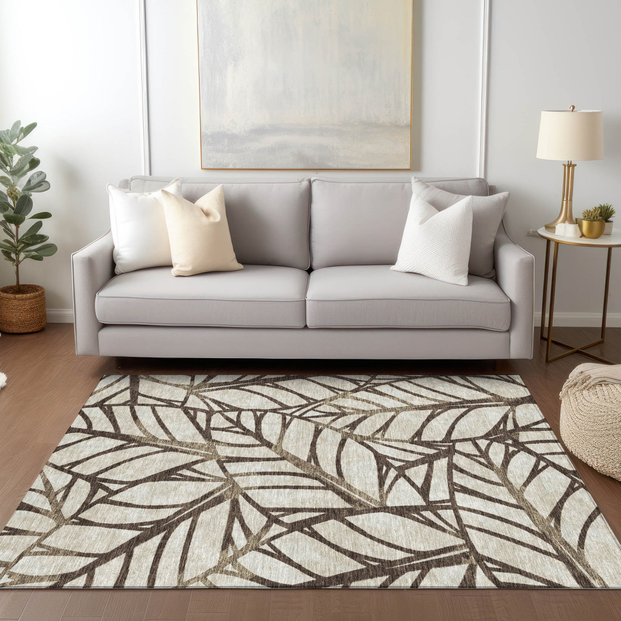 10' X 14' Chocolate And Beige Floral Washable Indoor Outdoor Area Rug