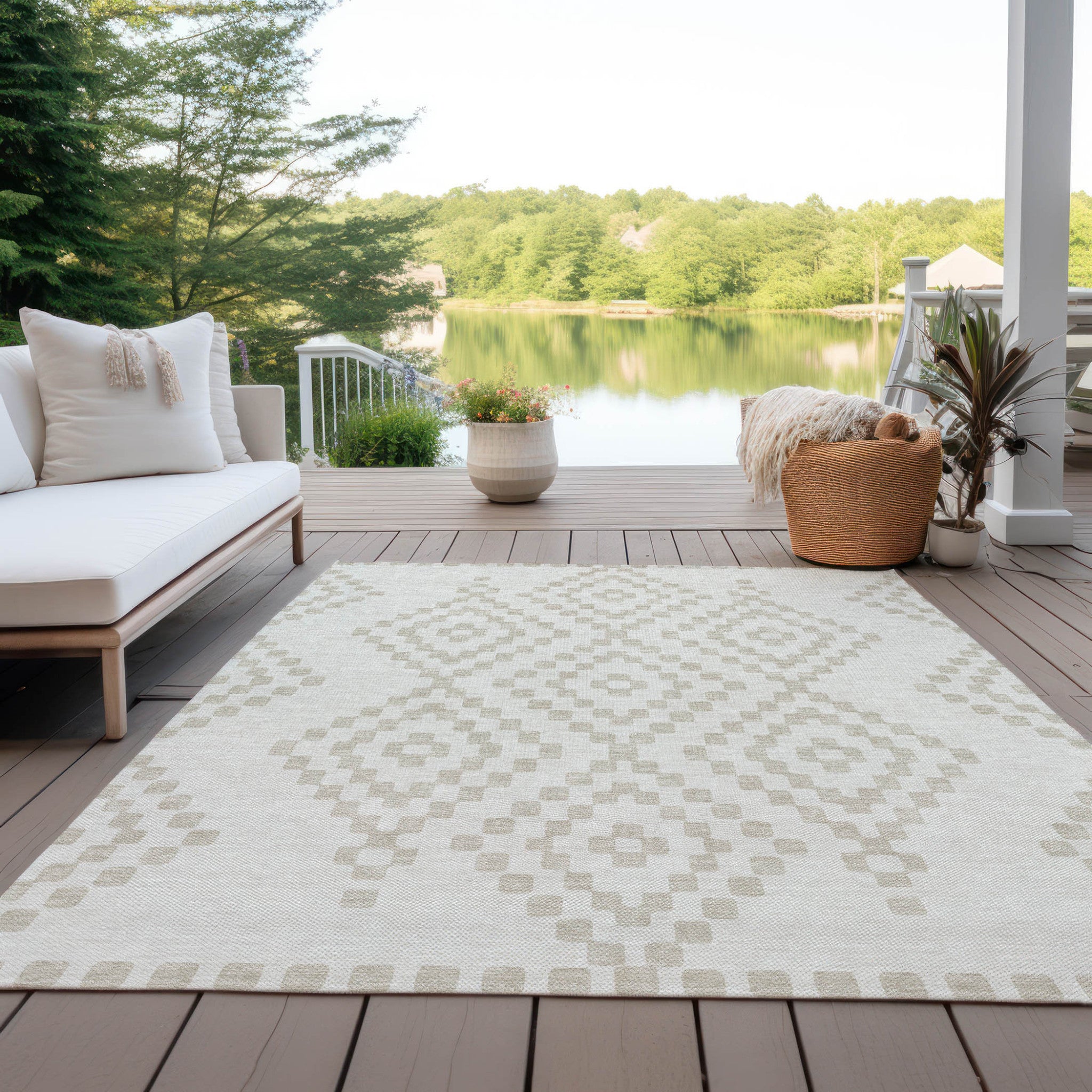 8' X 10' Ivory And Beige Geometric Washable Indoor Outdoor Area Rug