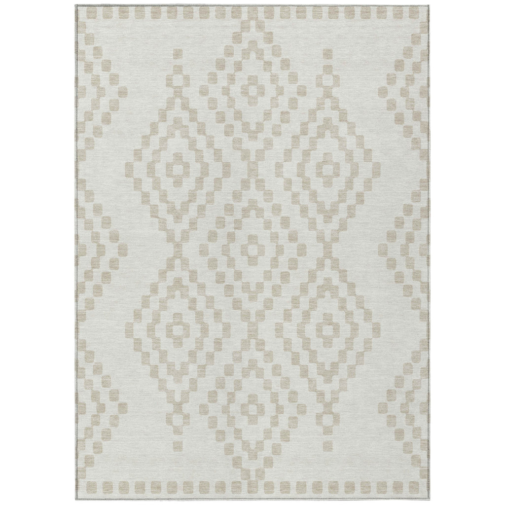 8' X 10' Ivory And Beige Geometric Washable Indoor Outdoor Area Rug