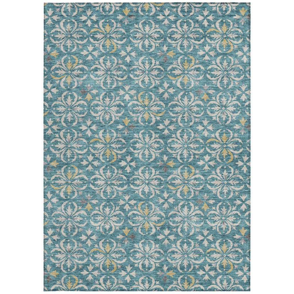 10' X 14' Teal Blue Gray And Gold Floral Washable Indoor Outdoor Area Rug