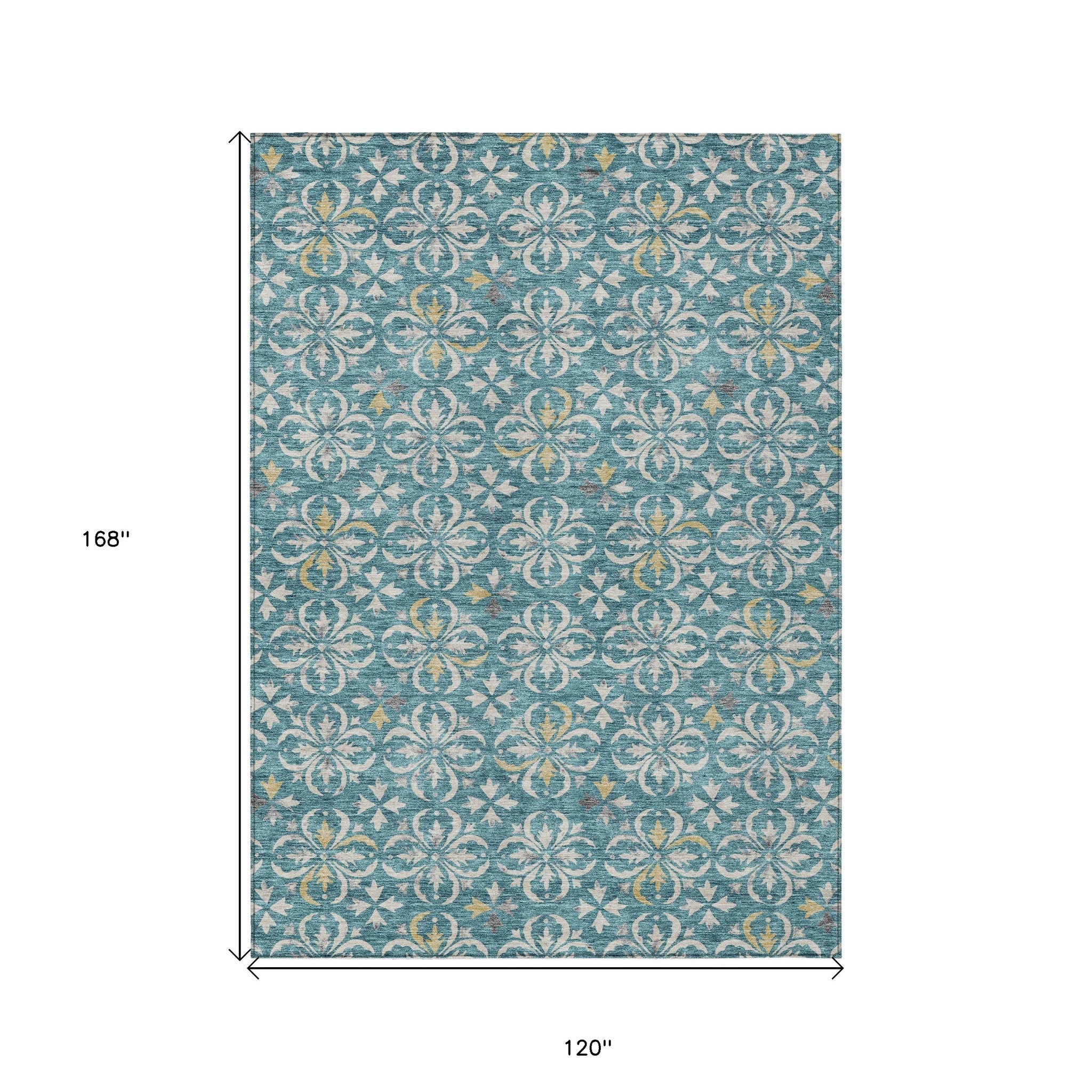 10' X 14' Teal Blue Gray And Gold Floral Washable Indoor Outdoor Area Rug