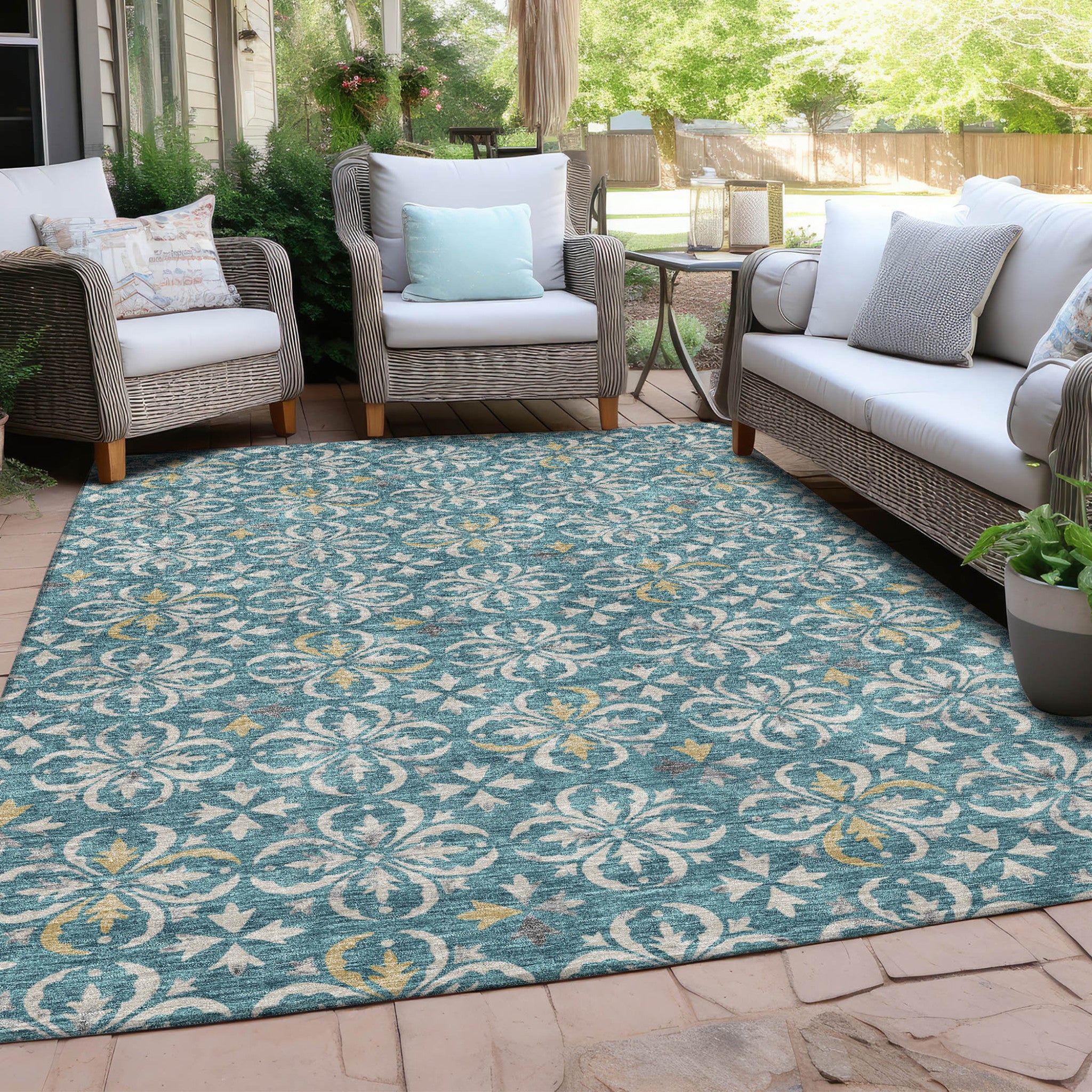 10' X 14' Teal Blue Gray And Gold Floral Washable Indoor Outdoor Area Rug