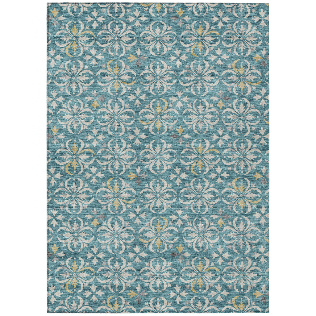 10' X 14' Teal Blue Gray And Gold Floral Washable Indoor Outdoor Area Rug
