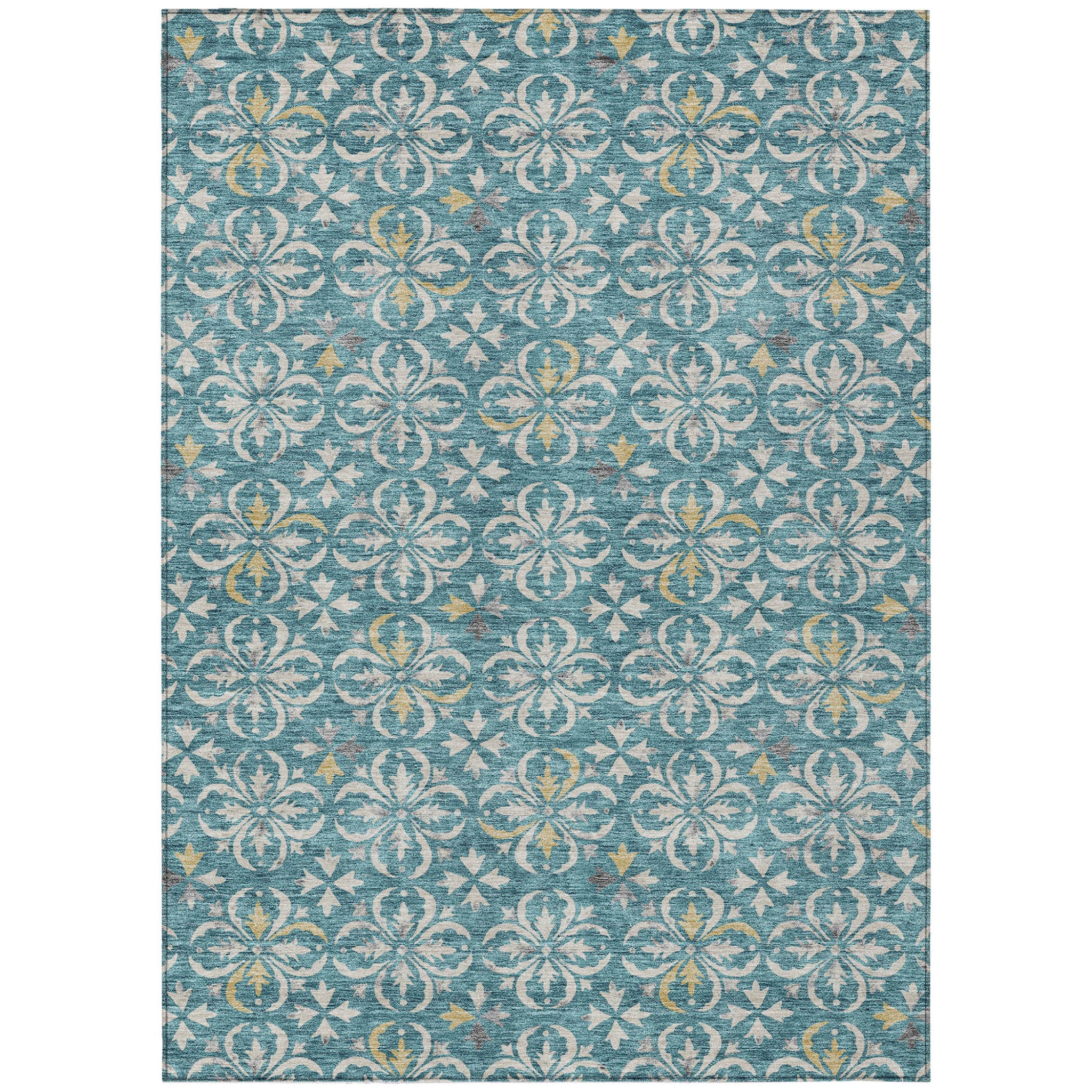10' X 14' Teal Blue Gray And Gold Floral Washable Indoor Outdoor Area Rug