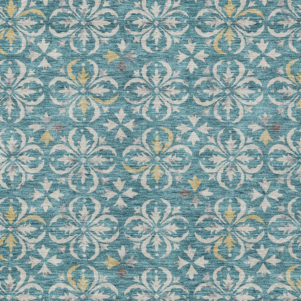 10' X 14' Teal Blue Gray And Gold Floral Washable Indoor Outdoor Area Rug