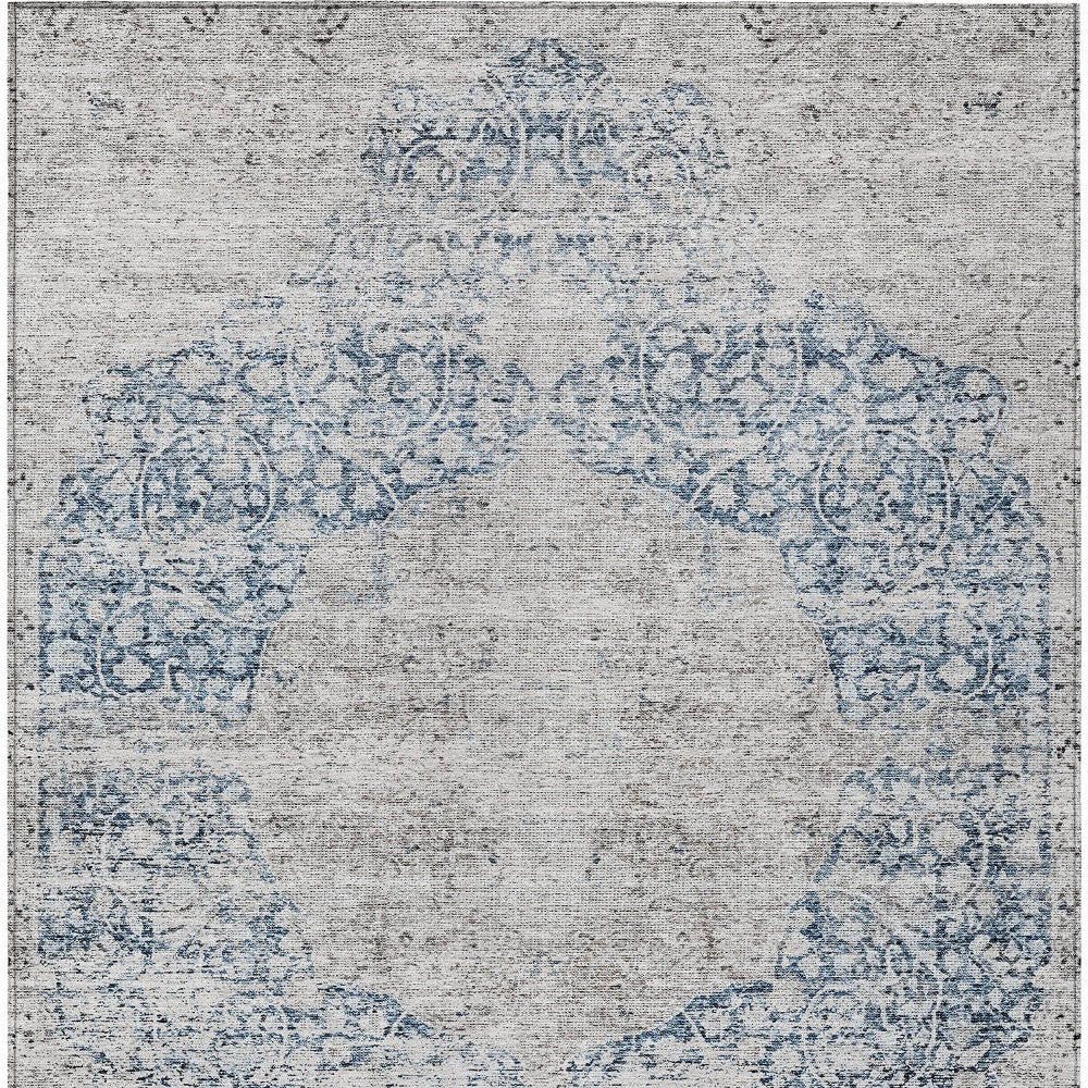 8' X 10' Blue And Ivory Oriental Washable Indoor Outdoor Area Rug
