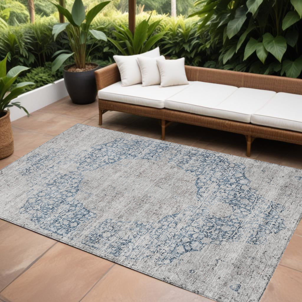 8' X 10' Blue And Ivory Oriental Washable Indoor Outdoor Area Rug