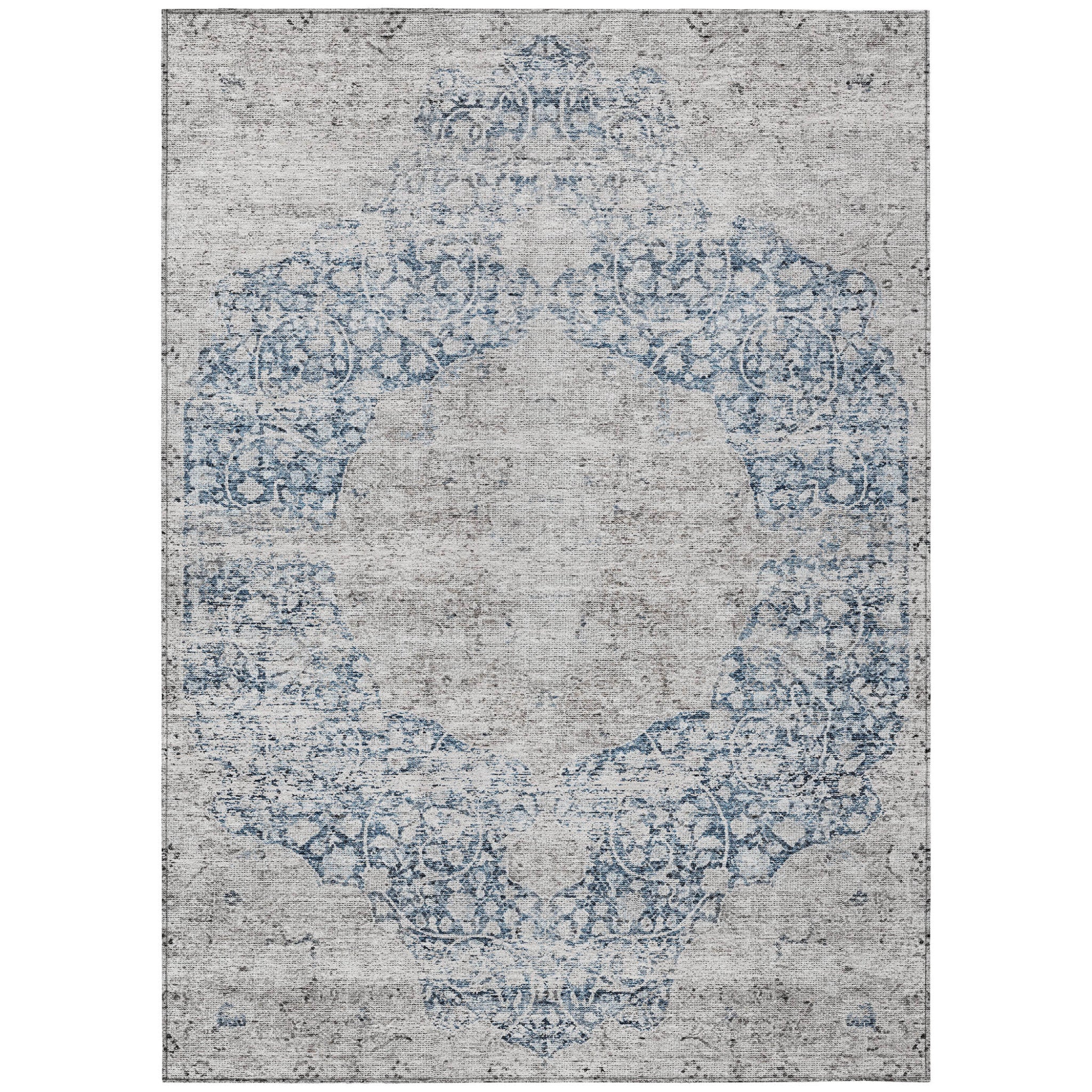 8' X 10' Blue And Ivory Oriental Washable Indoor Outdoor Area Rug