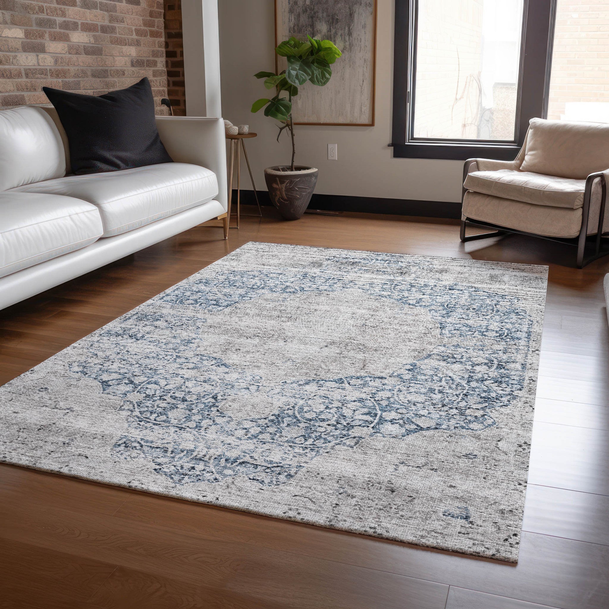 8' X 10' Blue And Ivory Oriental Washable Indoor Outdoor Area Rug