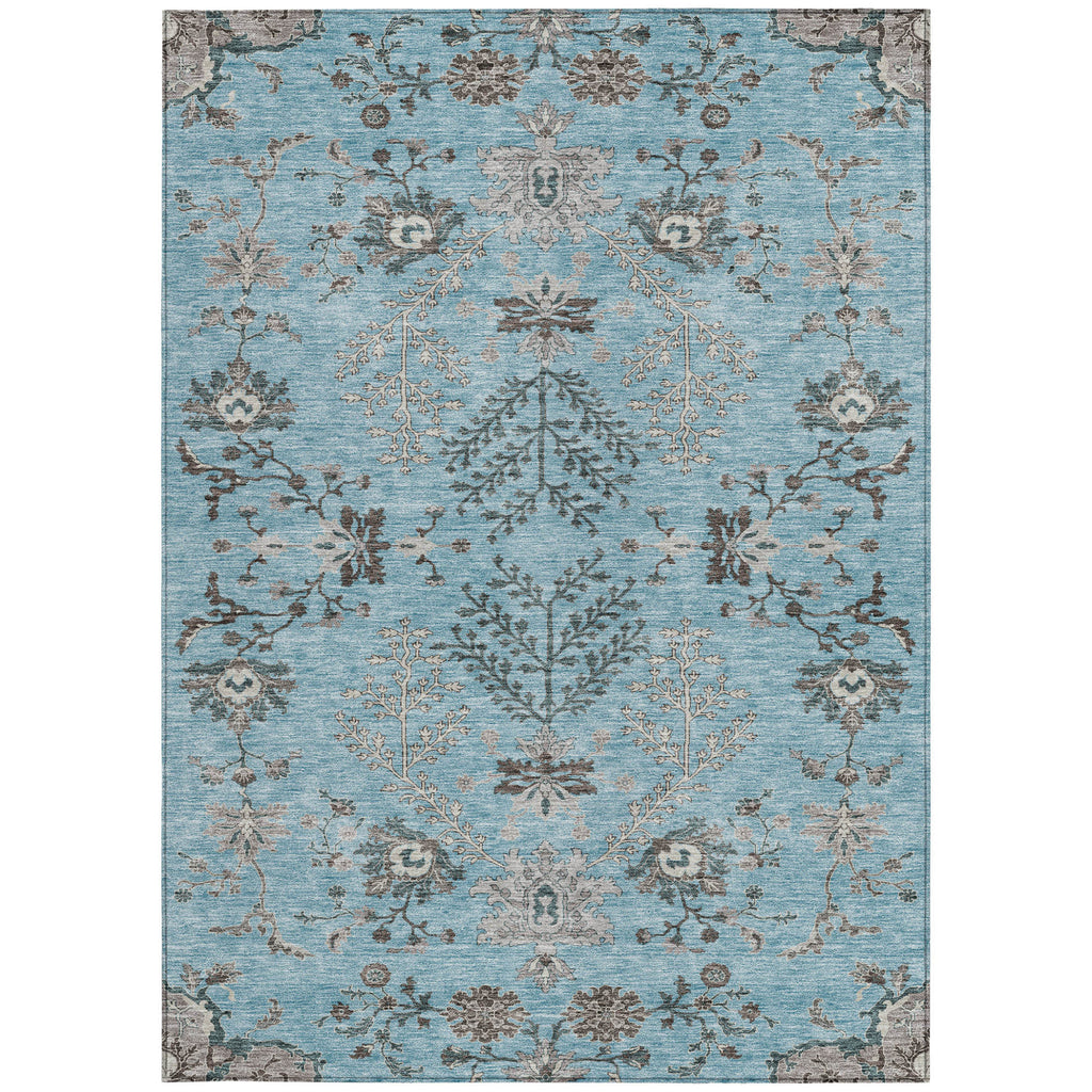 5' X 8' Sky Blue Gray And Charcoal Floral Washable Indoor Outdoor Area Rug