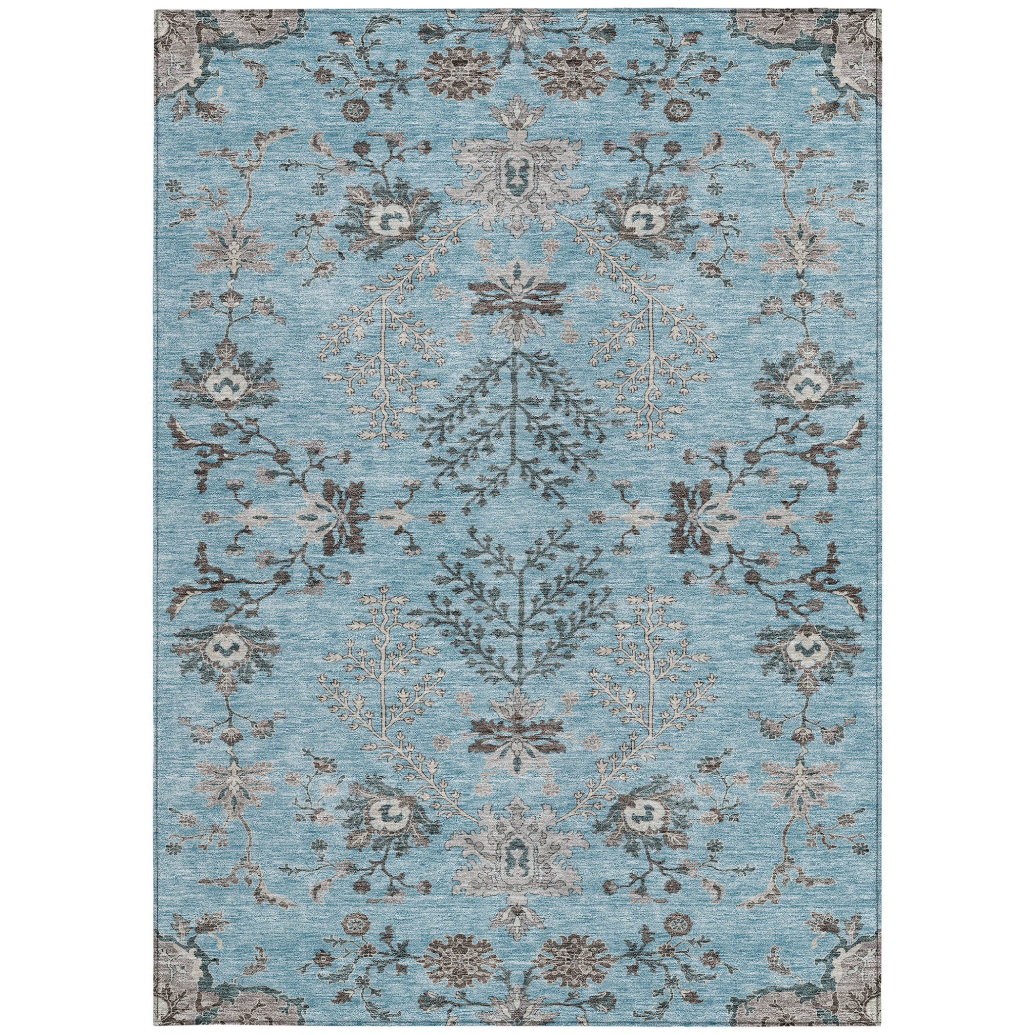 5' X 8' Sky Blue Gray And Charcoal Floral Washable Indoor Outdoor Area Rug