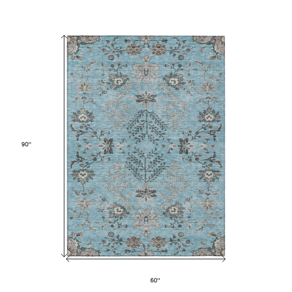 5' X 8' Sky Blue Gray And Charcoal Floral Washable Indoor Outdoor Area Rug