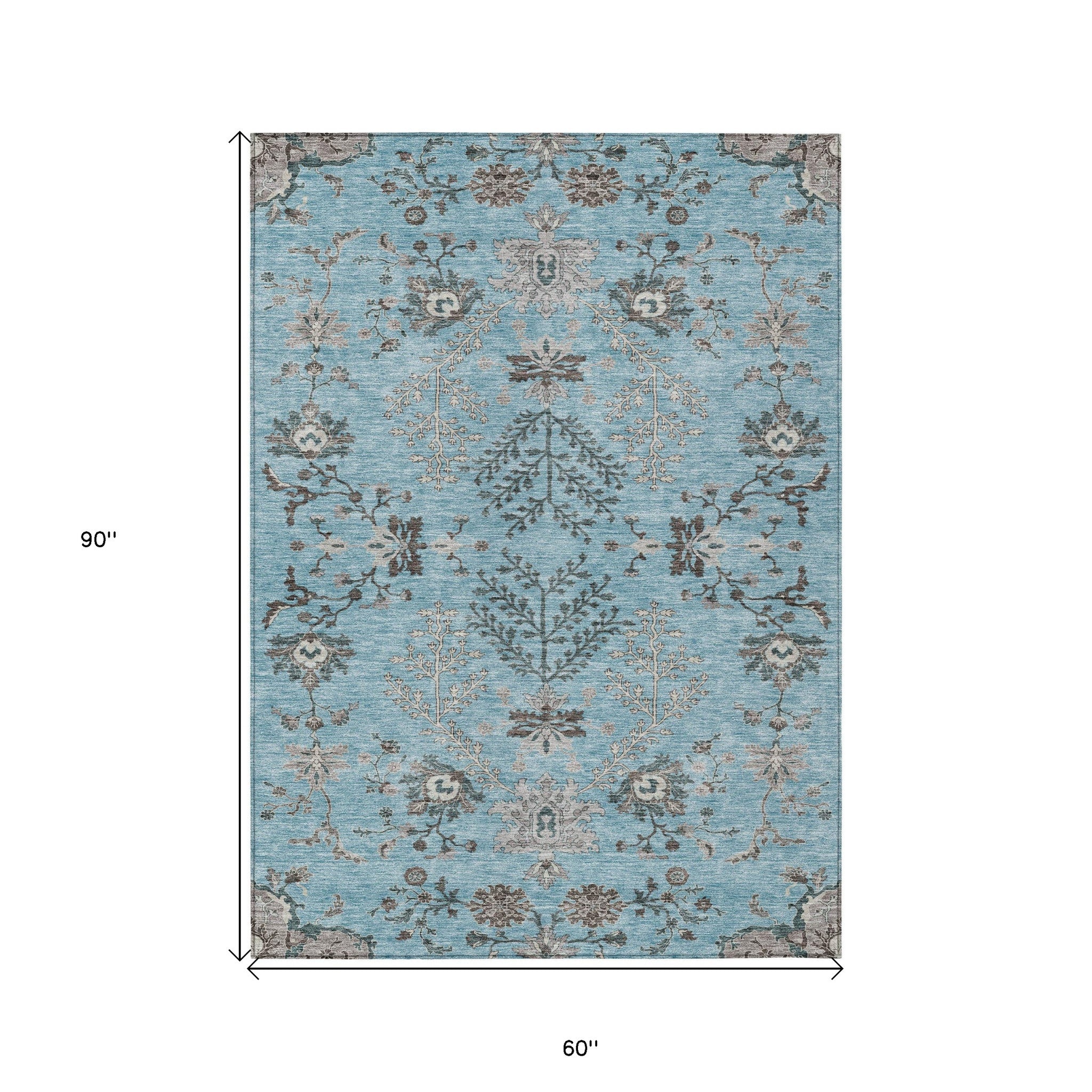 5' X 8' Sky Blue Gray And Charcoal Floral Washable Indoor Outdoor Area Rug