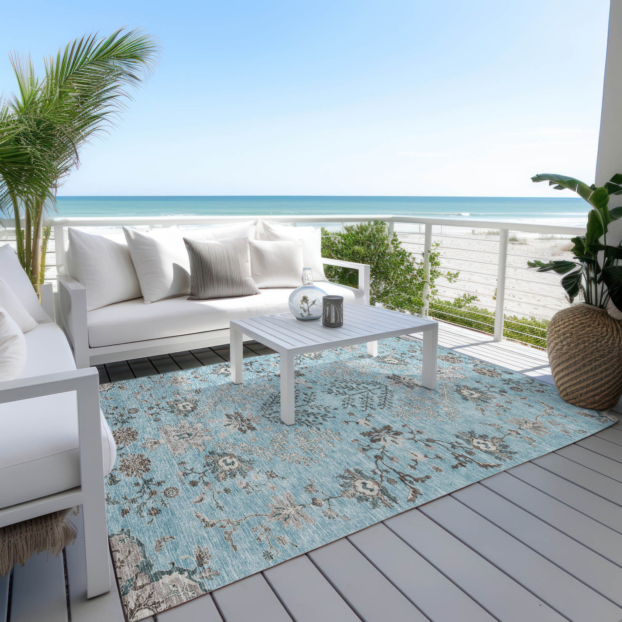5' X 8' Sky Blue Gray And Charcoal Floral Washable Indoor Outdoor Area Rug