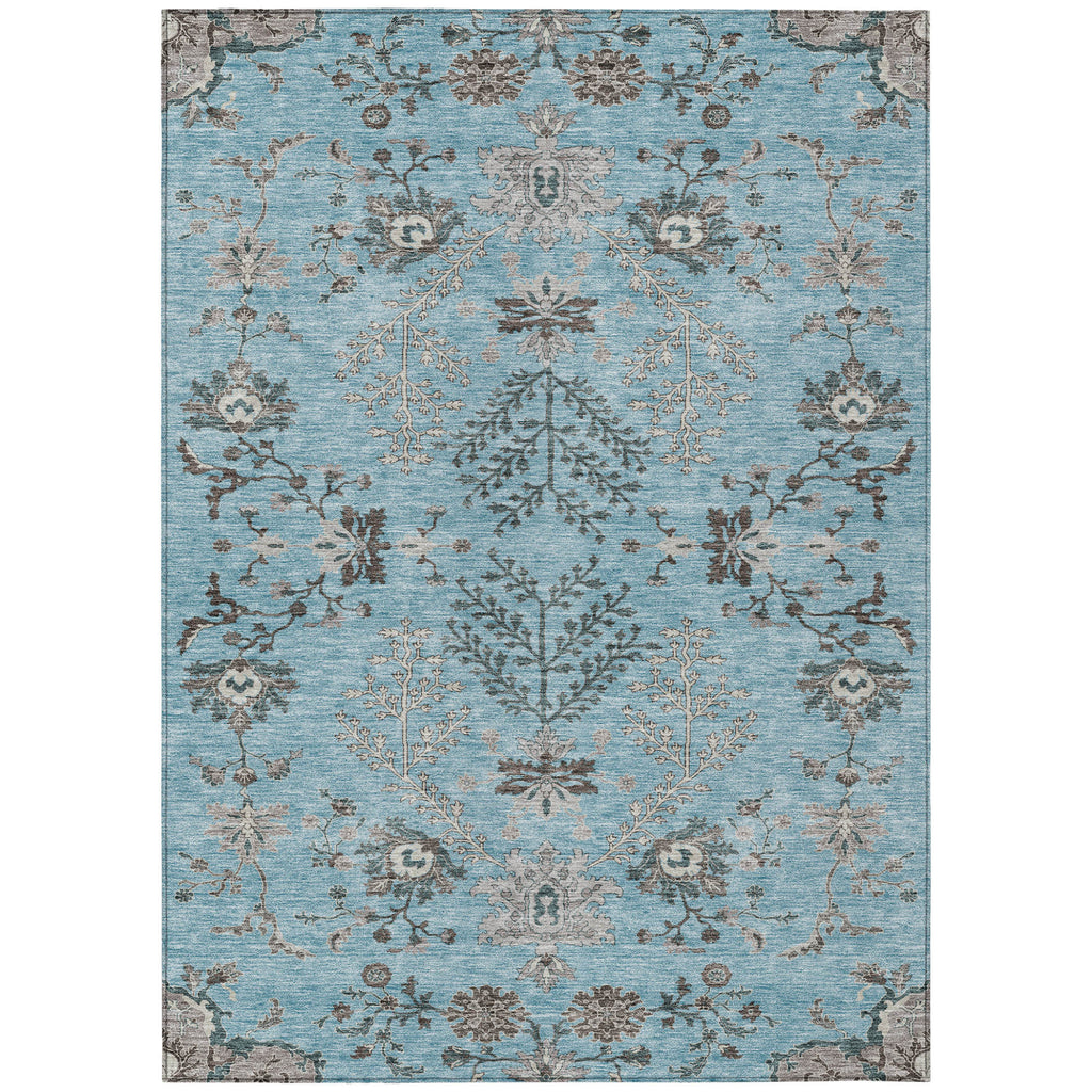 5' X 8' Sky Blue Gray And Charcoal Floral Washable Indoor Outdoor Area Rug
