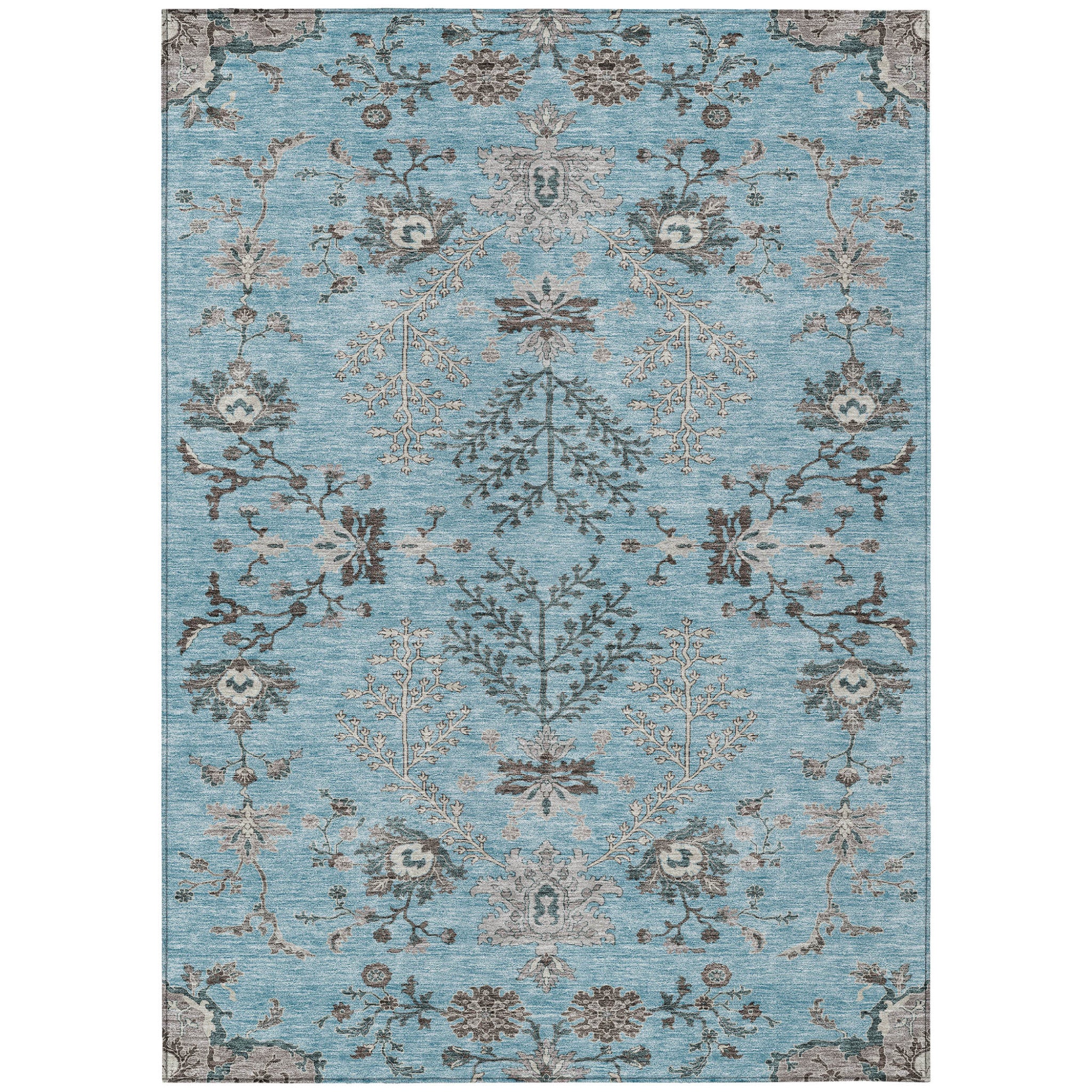 5' X 8' Sky Blue Gray And Charcoal Floral Washable Indoor Outdoor Area Rug