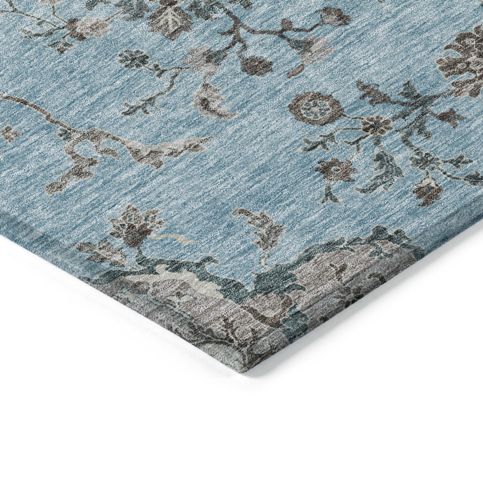 5' X 8' Sky Blue Gray And Charcoal Floral Washable Indoor Outdoor Area Rug