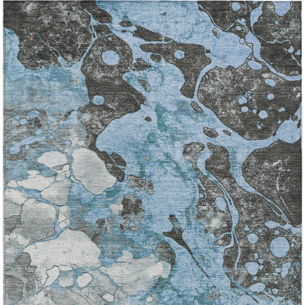 3' X 5' Blue And Charcoal Abstract Washable Indoor Outdoor Area Rug