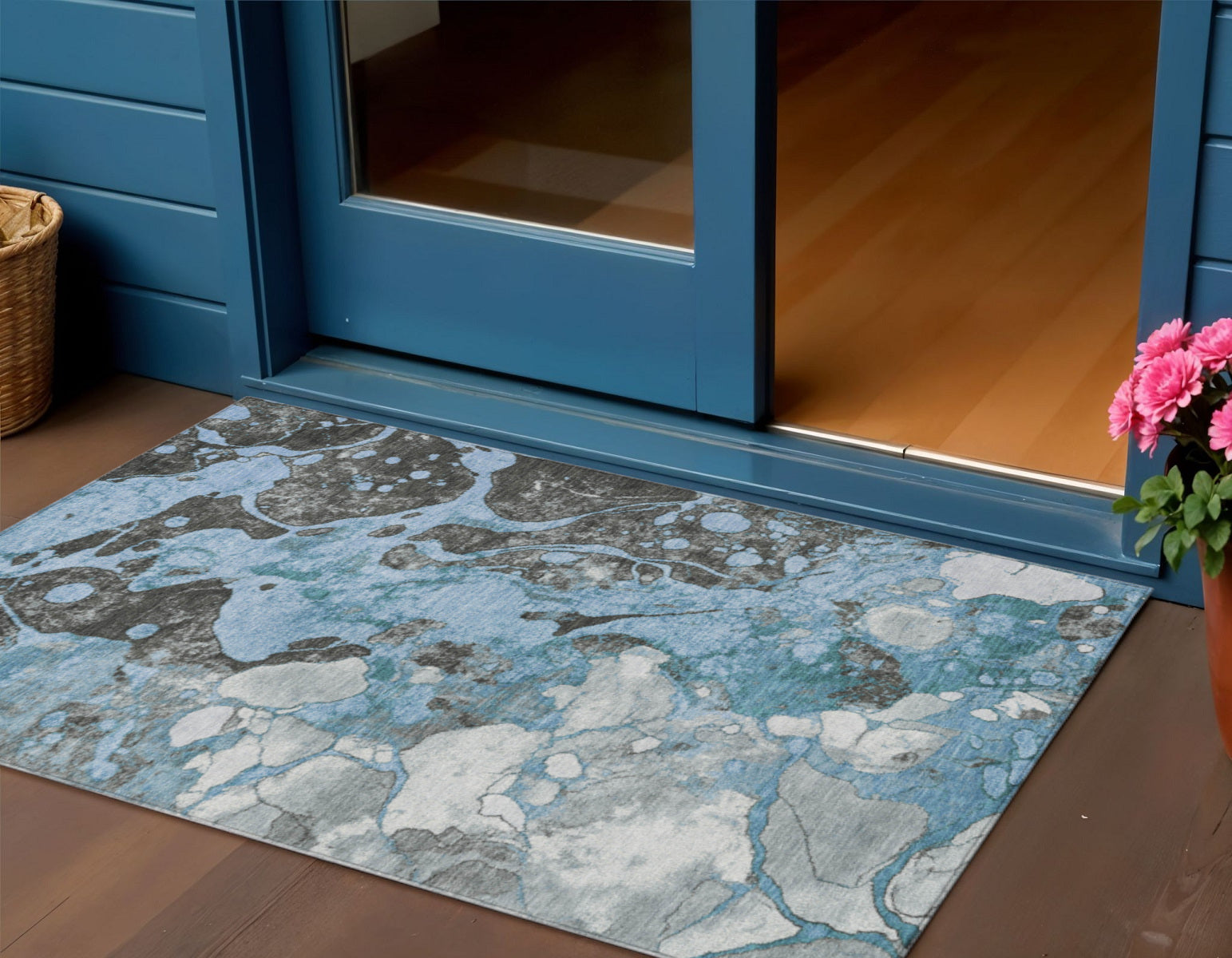 3' X 5' Blue And Charcoal Abstract Washable Indoor Outdoor Area Rug