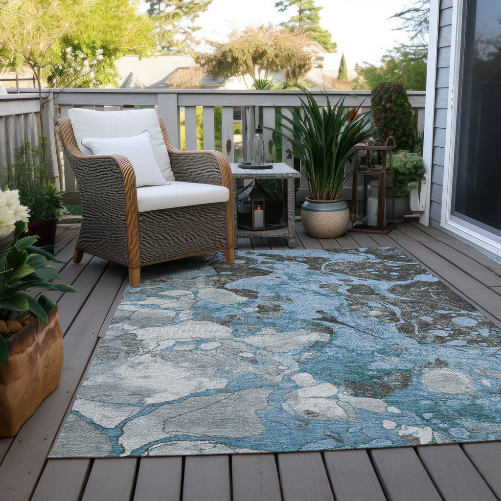 3' X 5' Blue And Charcoal Abstract Washable Indoor Outdoor Area Rug