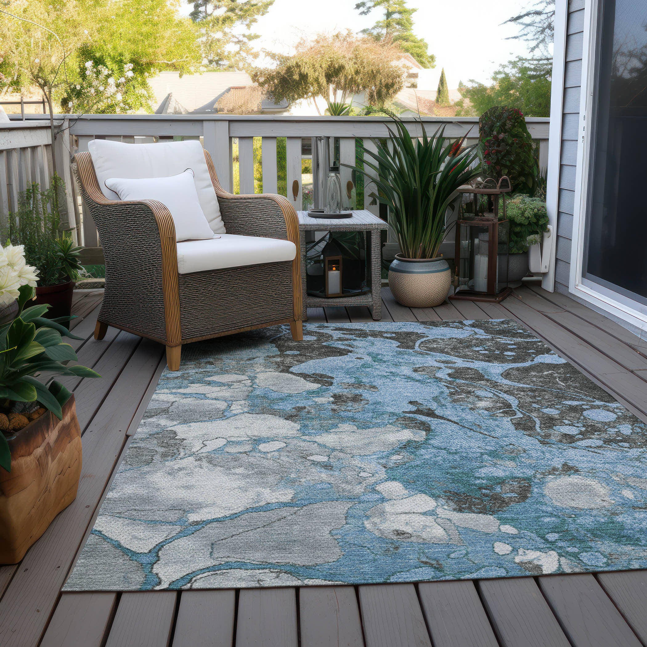 3' X 5' Blue And Charcoal Abstract Washable Indoor Outdoor Area Rug