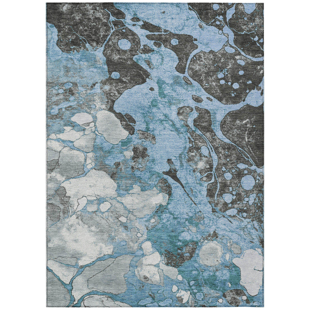 3' X 5' Blue And Charcoal Abstract Washable Indoor Outdoor Area Rug