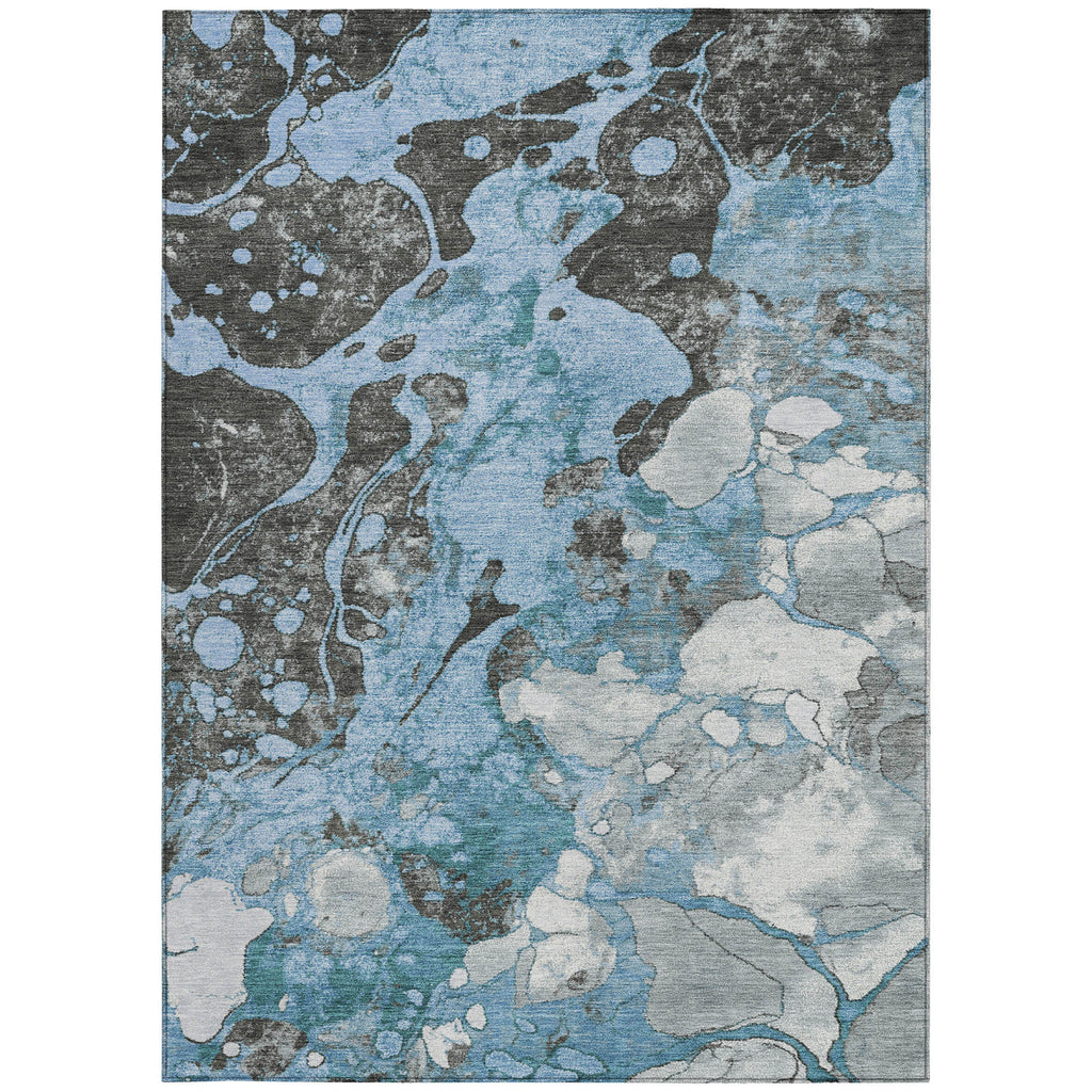3' X 5' Blue And Charcoal Abstract Washable Indoor Outdoor Area Rug
