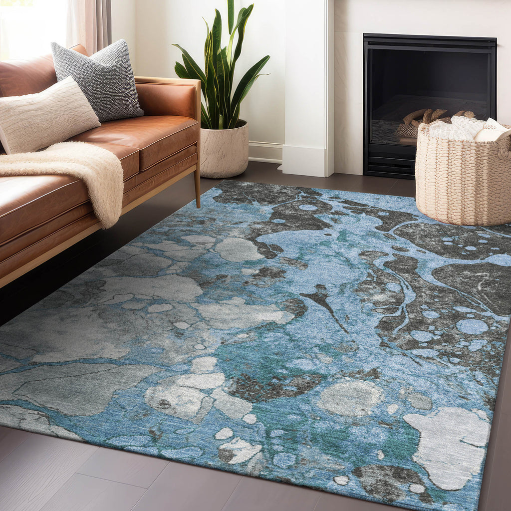 3' X 5' Blue And Charcoal Abstract Washable Indoor Outdoor Area Rug