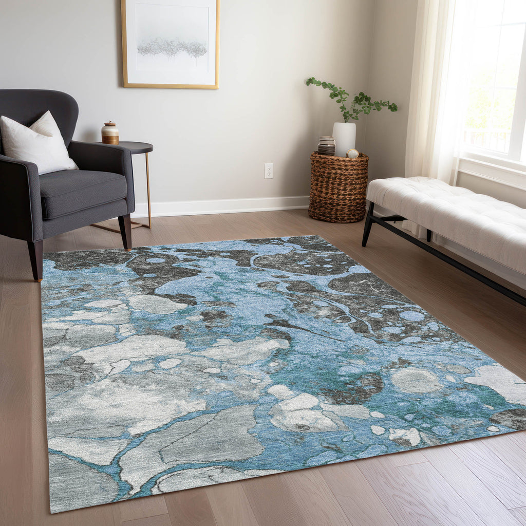 3' X 5' Blue And Charcoal Abstract Washable Indoor Outdoor Area Rug