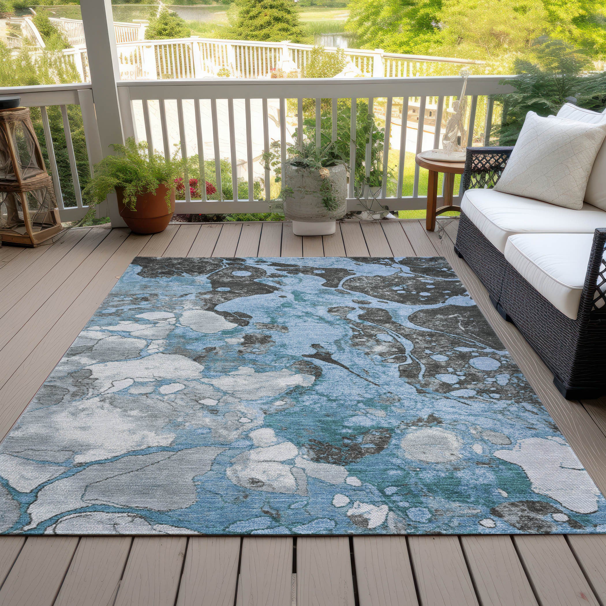 3' X 5' Blue And Charcoal Abstract Washable Indoor Outdoor Area Rug