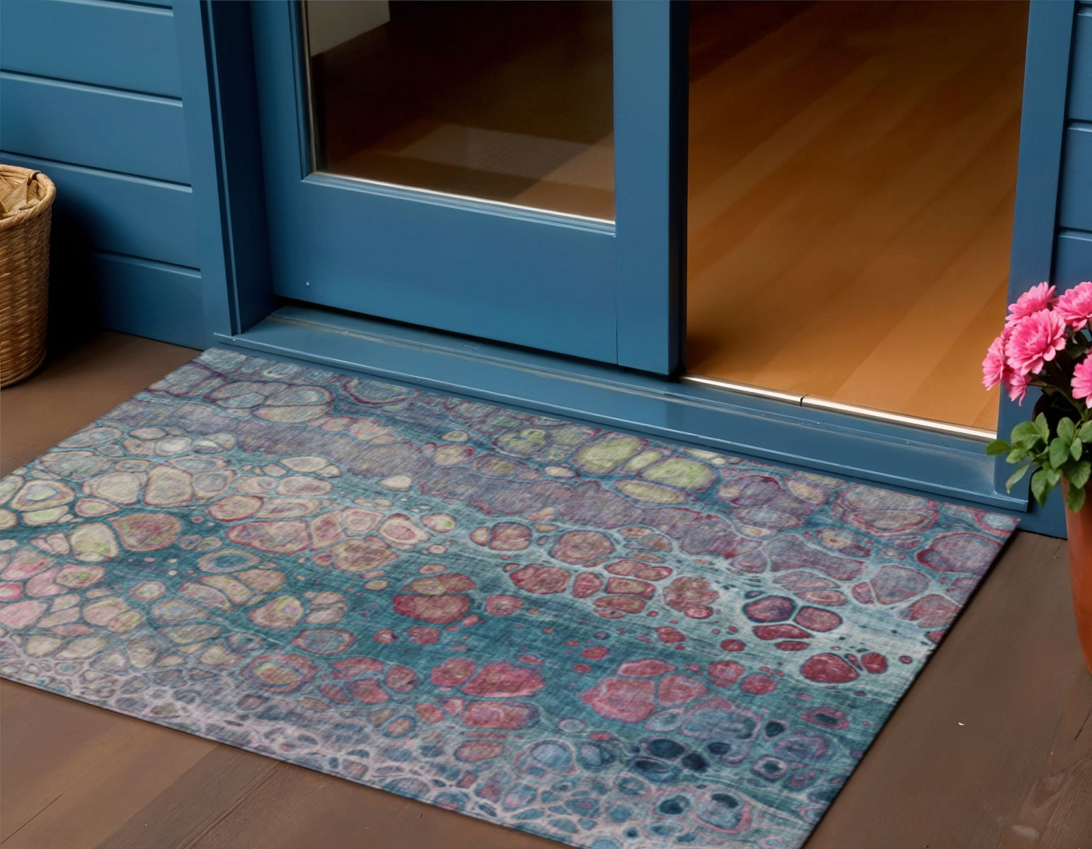 3' X 5' Teal Blue And Plum Abstract Washable Indoor Outdoor Area Rug