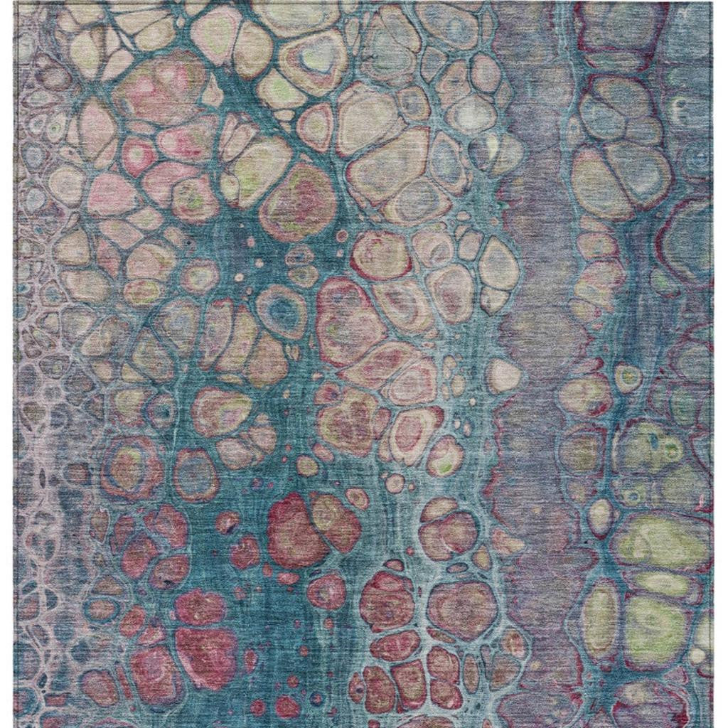 3' X 5' Teal Blue And Plum Abstract Washable Indoor Outdoor Area Rug