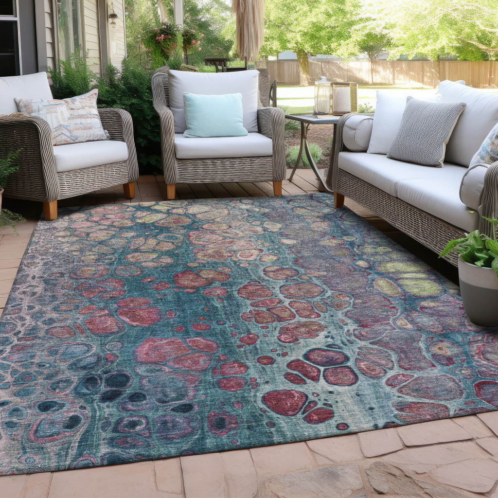 3' X 5' Teal Blue And Plum Abstract Washable Indoor Outdoor Area Rug