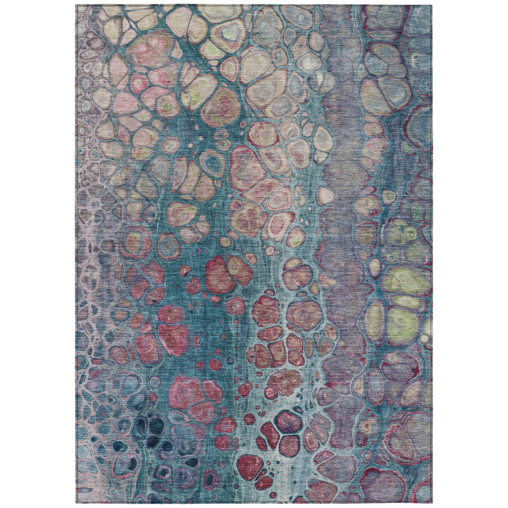 3' X 5' Teal Blue And Plum Abstract Washable Indoor Outdoor Area Rug
