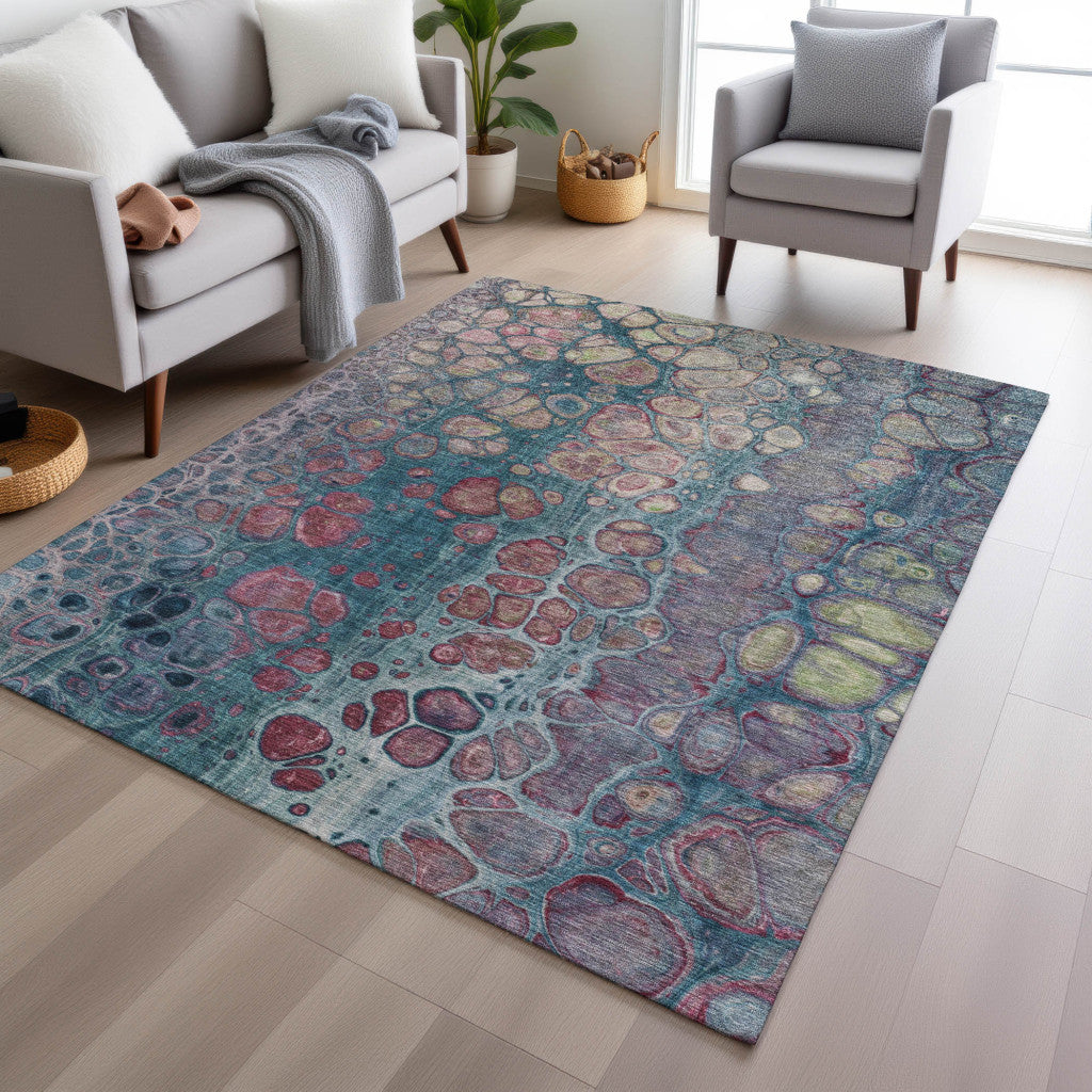 3' X 5' Teal Blue And Plum Abstract Washable Indoor Outdoor Area Rug